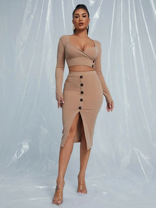 Women’s Bodycon 2-Piece Dress Set – Crop Top & Button Skirt Outfit