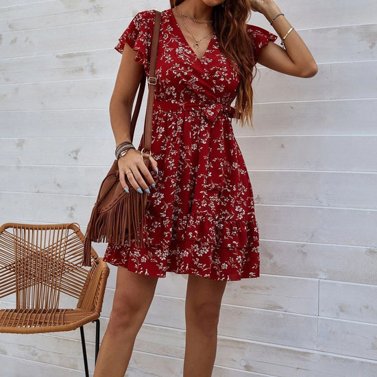Elegant Red Bell Sleeve Dress – European & American Printed Style, Casual & Party Wear