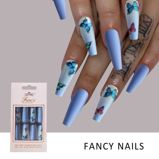 Blue Butterfly Press-On Nails – Long Coffin Ballet Style Fake Nail Set with Full Cover Nail Patches