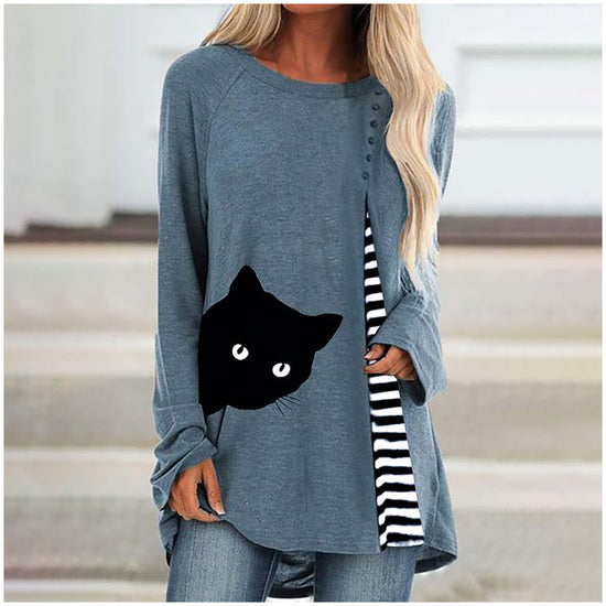 Women’s Cat Print Long Sleeve Top – Casual Loose Round Neck Pullover Shirt